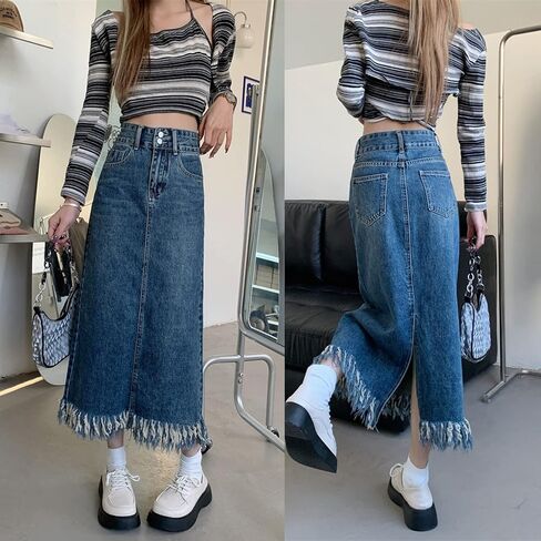 تنورة Viatabuna النسائية متوسطة الطول من قماش الدنيم بخصر عالٍ وشرابة وحاشية خام وفتحة خلفية على شكل حرف A تنورة طويلة من الجينز in Kuwait