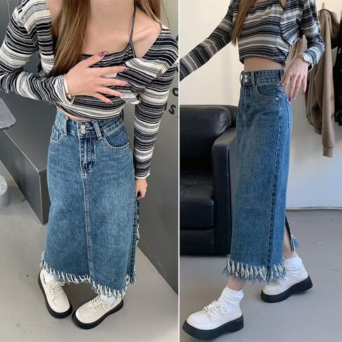 تنورة Viatabuna النسائية متوسطة الطول من قماش الدنيم بخصر عالٍ وشرابة وحاشية خام وفتحة خلفية على شكل حرف A تنورة طويلة من الجينز in Kuwait