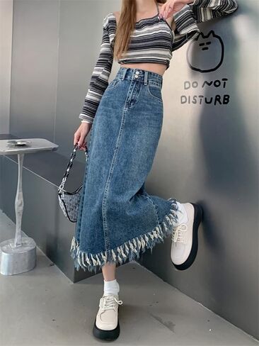 تنورة Viatabuna النسائية متوسطة الطول من قماش الدنيم بخصر عالٍ وشرابة وحاشية خام وفتحة خلفية على شكل حرف A تنورة طويلة من الجينز in Kuwait