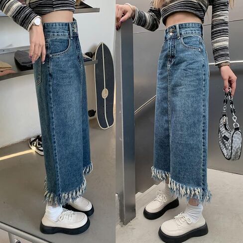 تنورة Viatabuna النسائية متوسطة الطول من قماش الدنيم بخصر عالٍ وشرابة وحاشية خام وفتحة خلفية على شكل حرف A تنورة طويلة من الجينز in Kuwait