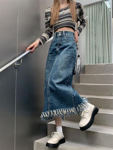 تنورة Viatabuna النسائية متوسطة الطول من قماش الدنيم بخصر عالٍ وشرابة وحاشية خام وفتحة خلفية على شكل حرف A تنورة طويلة من الجينز in Kuwait