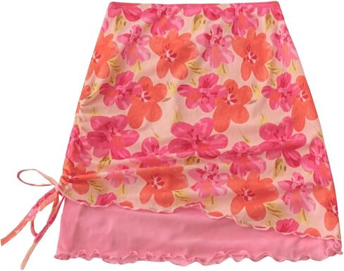 SweatyRocks Women's Floral Print Lettuce Trim Mini Skirt Drawstring Ruched Boho Skirts in Saudi Arabia