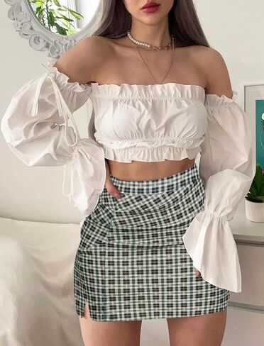 Kate Kasin Womens Mini Skirt Summer High Waist Side Slit Ryched Bodycon Plaid Skirt in Saudi Arabia