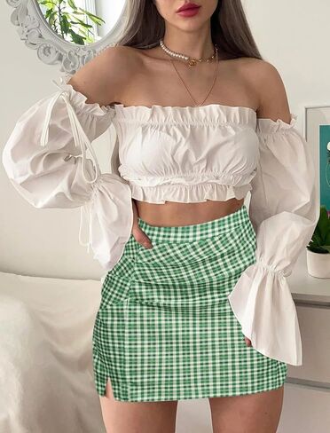 Kate Kasin Womens Mini Skirt Summer High Waist Side Slit Ryched Bodycon Plaid Skirt in Saudi Arabia