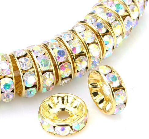RUBYCA 100pcs Round Rondelle Spacer Bead Gold Tone 8mm AB White Czech Crystal in Saudi Arabia