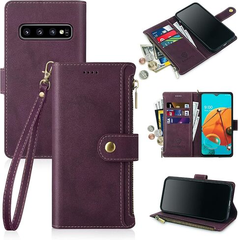 Antsturdy Samsung Galaxy S10+ /S10 Plus Wallet case with Card Holder for Women Men,Galaxy S10+ /S10 Plus Phone case RFID Blocking PU Leather Flip Cover with Strap Zipper Credit Card Slots,Wine Red in Saudi Arabia