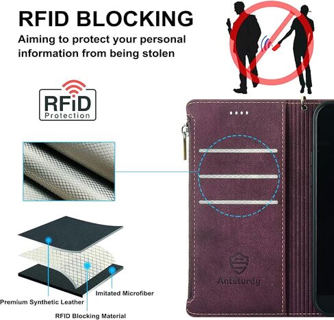Antsturdy Samsung Galaxy S10+ /S10 Plus Wallet case with Card Holder for Women Men,Galaxy S10+ /S10 Plus Phone case RFID Blocking PU Leather Flip Cover with Strap Zipper Credit Card Slots,Wine Red in Saudi Arabia