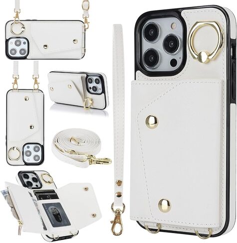 LUVI Compatible with iPhone 15 Pro Wallet Case with Card Holder Crossbody Neck Strap Lanyard Wrist Strap Purse for Women PU Leather Flip Case with Credit Card Kickstand Stand Case Black in Saudi Arabia