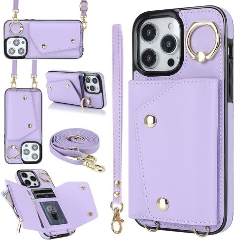 LUVI Compatible with iPhone 15 Pro Wallet Case with Card Holder Crossbody Neck Strap Lanyard Wrist Strap Purse for Women PU Leather Flip Case with Credit Card Kickstand Stand Case Black in Saudi Arabia