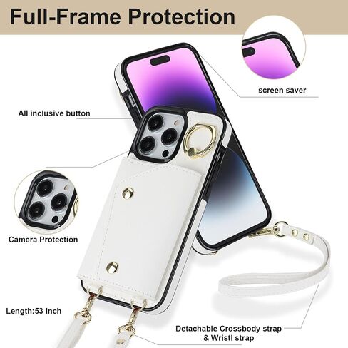 LUVI Compatible with iPhone 15 Pro Wallet Case with Card Holder Crossbody Neck Strap Lanyard Wrist Strap Purse for Women PU Leather Flip Case with Credit Card Kickstand Stand Case Black in Saudi Arabia