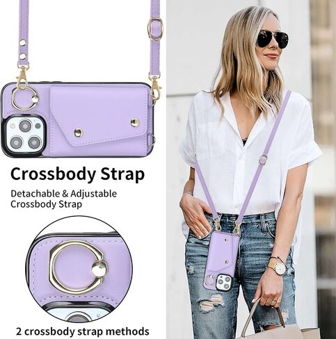 LUVI Compatible with iPhone 15 Pro Wallet Case with Card Holder Crossbody Neck Strap Lanyard Wrist Strap Purse for Women PU Leather Flip Case with Credit Card Kickstand Stand Case Black in Saudi Arabia