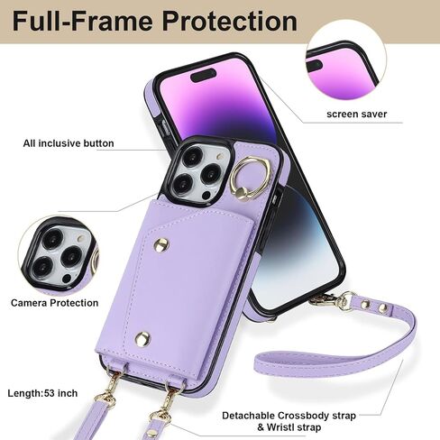 LUVI Compatible with iPhone 15 Pro Wallet Case with Card Holder Crossbody Neck Strap Lanyard Wrist Strap Purse for Women PU Leather Flip Case with Credit Card Kickstand Stand Case Black in Saudi Arabia