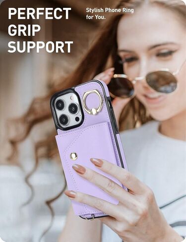 LUVI Compatible with iPhone 15 Pro Wallet Case with Card Holder Crossbody Neck Strap Lanyard Wrist Strap Purse for Women PU Leather Flip Case with Credit Card Kickstand Stand Case Black in Saudi Arabia
