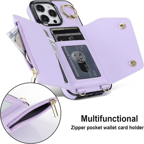 LUVI Compatible with iPhone 15 Pro Wallet Case with Card Holder Crossbody Neck Strap Lanyard Wrist Strap Purse for Women PU Leather Flip Case with Credit Card Kickstand Stand Case Black in Saudi Arabia