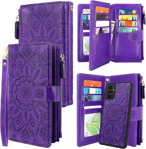 Harryshell Compatible with Samsung Galaxy A13 5G Wallet Case Detachable Magnet Removable Phone Cover Zipper Cash Money Pocket with Multi Card Slots Holder Wrist Strap Floral Flower (Blue Green) in Saudi Arabia