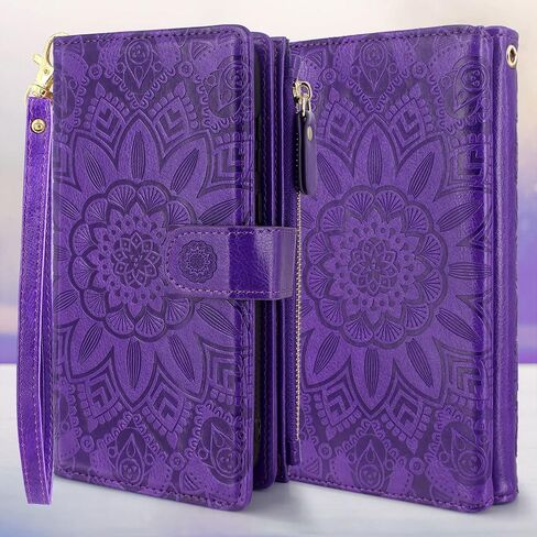 Harryshell Compatible with Samsung Galaxy A13 5G Wallet Case Detachable Magnet Removable Phone Cover Zipper Cash Money Pocket with Multi Card Slots Holder Wrist Strap Floral Flower (Blue Green) in Saudi Arabia