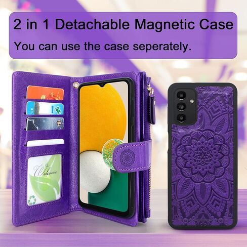 Harryshell Compatible with Samsung Galaxy A13 5G Wallet Case Detachable Magnet Removable Phone Cover Zipper Cash Money Pocket with Multi Card Slots Holder Wrist Strap Floral Flower (Blue Green) in Saudi Arabia