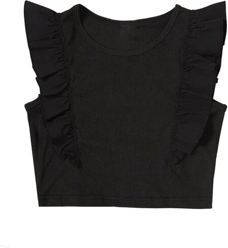 Girl's Ruffle Trim Sleeveless Tank Tops Ribbed Crewneck Crop Tops Basic Tees T Shirts in Saudi Arabia