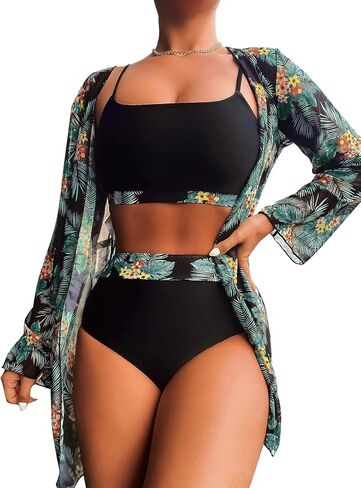 Rooscier Women's 3 Piece Swimsuit High Waist Bikini Bathing Suit Print Kimono Cover Up in Saudi Arabia