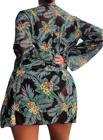Rooscier Women's 3 Piece Swimsuit High Waist Bikini Bathing Suit Print Kimono Cover Up in Saudi Arabia
