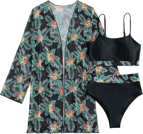 Rooscier Women's 3 Piece Swimsuit High Waist Bikini Bathing Suit Print Kimono Cover Up in Saudi Arabia
