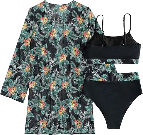 Rooscier Women's 3 Piece Swimsuit High Waist Bikini Bathing Suit Print Kimono Cover Up in Saudi Arabia