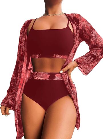 Rooscier Women's 3 Piece Swimsuit High Waist Bikini Bathing Suit Print Kimono Cover Up in Saudi Arabia