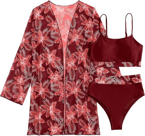Rooscier Women's 3 Piece Swimsuit High Waist Bikini Bathing Suit Print Kimono Cover Up in Saudi Arabia