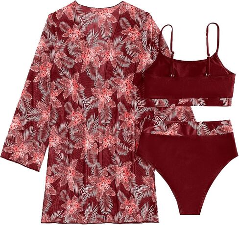 Rooscier Women's 3 Piece Swimsuit High Waist Bikini Bathing Suit Print Kimono Cover Up in Saudi Arabia