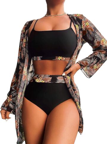 Rooscier Women's 3 Piece Swimsuit High Waist Bikini Bathing Suit Print Kimono Cover Up in Saudi Arabia
