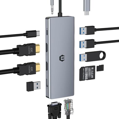 Triple Display USB C Hub with 2 HDMI, VGA, 100W PD, 2 USB 3.0, 2 USB 2.0, Ethernet, SD/TF Card Readers, Mic/Audio OBERSTER 12 in 1 USB C Adapter for Mac, Windows, and More in Saudi Arabia