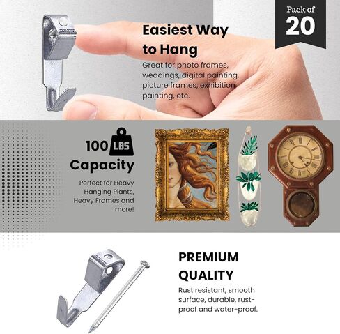 Performore 20 Pack of Heavy Duty Picture Hanging Hooks with Nails, 100lbs Picture Hanging Kit Hardware for Canvas, Plaster Wall Hook Hangers, Hanging Pictures, Mirrors at Home and Office Decorations in Saudi Arabia