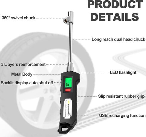 Digital Tire Pressure Gauge 150 PSI,Chrome Plated Steel Dual Head Tire Pressure Gauge with Backlight LCD and Flashlight, Rechargeable Tire Pressure Gauge for Semi, Truck, RV and Cars in Saudi Arabia