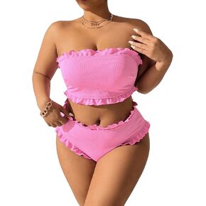 WDIRARA Women's Plus Size Bandeau Bikini Sets Ruffle Trim Strapless High Waisted 2 Piece Swimsuits