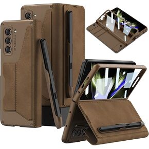 DEMCERT for Samsung Galaxy Z Fold 5 Case with [Fold5 Edition S-Pen Slot], Military Armor Cases Full Body Protective Anti-Scratch Hard Slim Leather Bracket Case with Screen Protector (Brown)