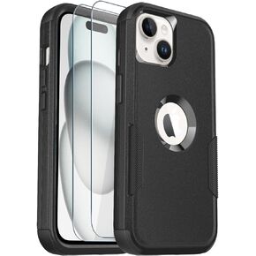 for iPhone 15 Case, [2+Tempered Glass Screen Protector] [10 FT Military Dropproof], Non-Slip Shockproof iPhone 15 Phone Case 6.1 Inch (Black)