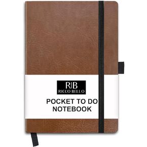 RICCO BELLO Hardcover Pocket to Do List, Undated, Faux Leather Notebook with Pen Holder, For Work, School, Home, Productivity Planner, 4.25 x 6 inches (Black)