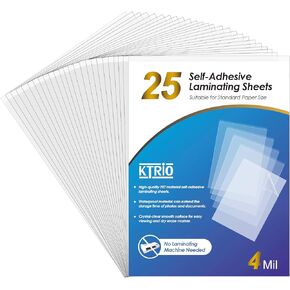 KTRIO Self-Adhesive Laminating Sheets 8.5 x 11 inches, 25 Sheets, 4 Mil Thickness, Clear Self Sealing Laminate Sheets for Crafts, No Machine Needed Stick Lamination Sheets