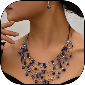 Boho Multilayer Dainty Bead Necklace,Ethic Adjustable Layering Blue Collar Necklace,Aesthetic Shell Beach Accessories Set for Women Teen Girls