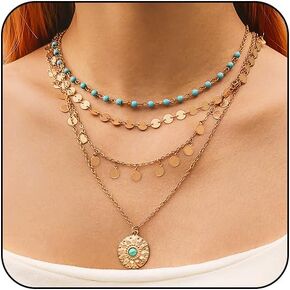 HTH Country Necklaces for Women Gold Layered Turquoise Coin Necklaces Stacked Charm Long Necklaces for Women
