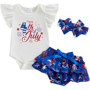 4th of July Baby Girl Outfits First Independence Day Fly Sleeve Romper Stars Shorts My 1st Fourth of July Outfit