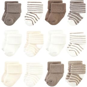 Hudson Baby Unisex Baby Cotton Rich Newborn and Terry Socks, Beige Stripe 12 Pack, 0-6 Months