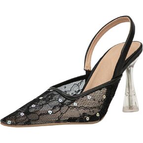 getmorebeauty Women's Crystal Stiletto Slingback Heels Pumps Sandals Lace Mesh Pointed Toe Bridal Wedding Shoes
