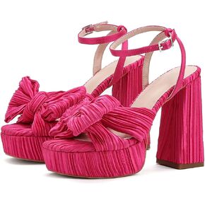 Pleated Bow Chunky Heel Platform Sandals for Women Ankle Strap High Heel Dress Sandals