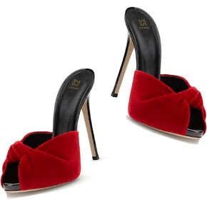 LEHOOR Women Stiletto Heel Mules Platform Bow Round Open Toe Slip On Mule Sandals Velvet Cute 5 Inch Thin High Heels Peep Toe Stilettos Backless Sandal Heels Dress Evening Party 5-12 M US