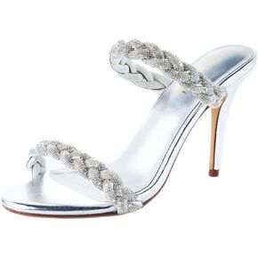 LALA IKAI Women's Rhinestones Strap Stiletto Heels Open Toe Braided Heeled Sandals Round Toe Slide Mules Sexy Dress Wedding Shoes