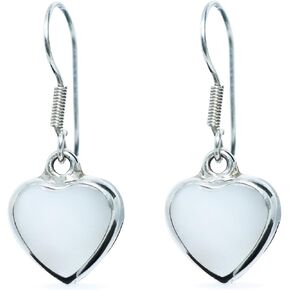 Sterling Silver 925 Petite Dangle Hook Earrings Heart Shape Mother-of-Pearl Inlay Hypoallergenic Jewelry Handmade in Saudi Arabia