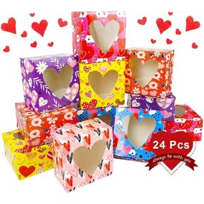 24 Valentines Day Boxes, Heart-shaped Transparent Window Gift Box, Premium Valentines Day Treat Boxes for Kids & Perfect for Holiday Pastries Doughnut and Cookie Boxes, Brownies, Cupcake, Gift Giving