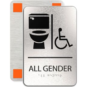 ADA Bathroom Sign, All Gender: 6x9 inches, Restroom Signs for Business, Brushed Aluminum with Braille, DIY Mounting Tape, Easy Do-It-Yourself Install (All Gender) Modern Bathroom Sign, ADAsigns.org