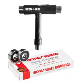 Bones Swiss Skateboard Bearings (8 Pack) Bundled with a SkateHouse Skate Tool